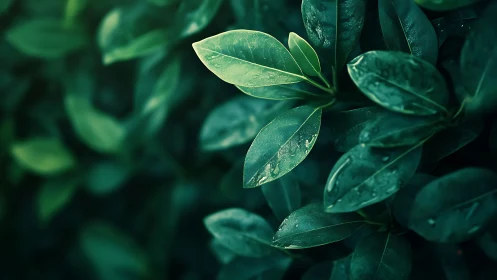 Single wet leaf in sharp focus against darker green foliage