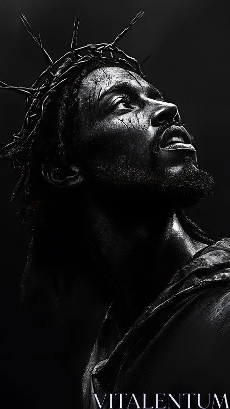 Profile view depicts crowned male figure in high contrast light