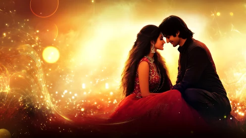 Couple in formal attire positioned against luminous golden particle backdrop.