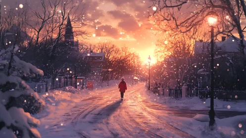 Solitary figure on snowy street at sunset with lampposts.