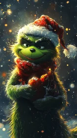 Stylized green fur character in detailed Christmas lighting portrait