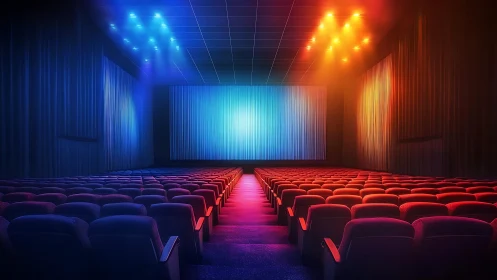 Colorful cinema seats glowing in cozy movie night light.
