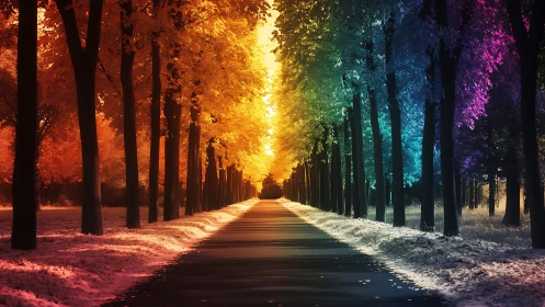 Rainbow forest avenue glows under surreal gradient light.