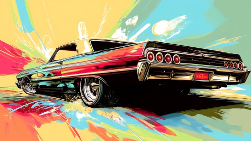 Chromed lowrider blasts through neon paint-splash sunset.