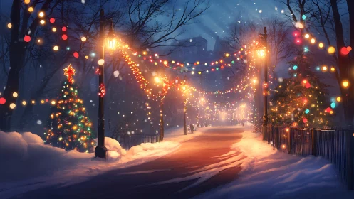 Digital painting of festive winter park under garlanded lights.