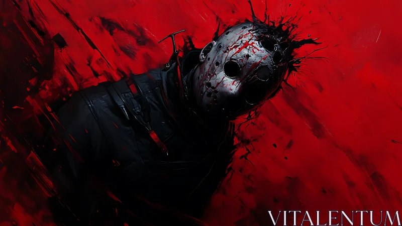 Masked horror figure emerges through violent red chaos backdrop