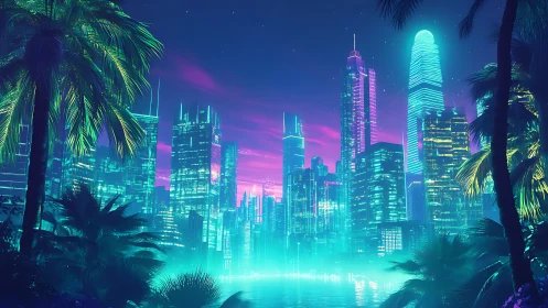 Neon tropical megacity skyline under vivid cyber dusk.