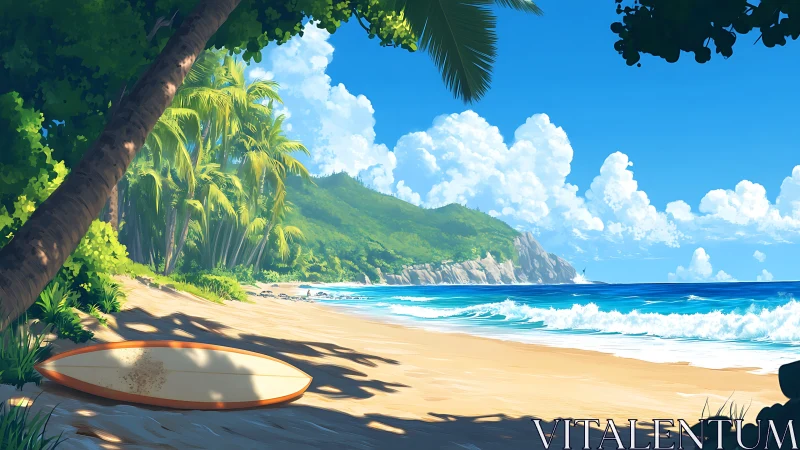 Tropical Paradise Beach with Surfboard and Palm Shaded Sands.