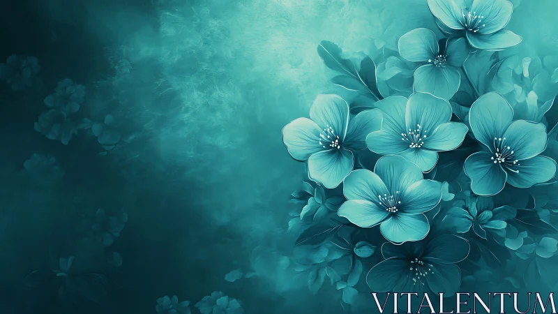 Digital rendering of translucent cyan floral clusters with volumetric atmospheric depth