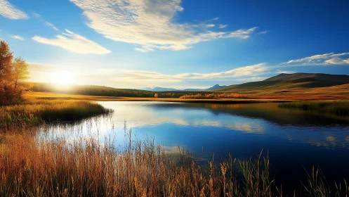 Sunlit autumn lake with grassy shorelines and hills in view.