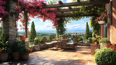 Mediterranean terrace under bougainvillea pergola with panoramic vista.