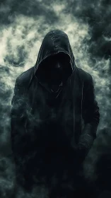 Mysterious hooded figure emerging from swirling shadows.