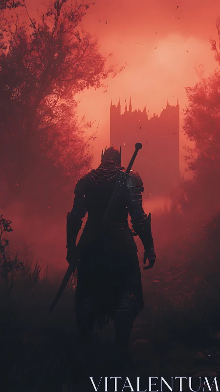 Lone dark knight walking toward a castle in red mist.