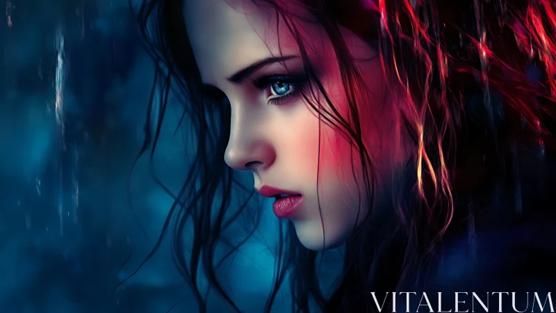 Cinematic close-up profile of wet-haired girl in neon rain