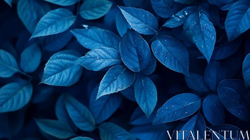 Midnight blue leaves resting quietly after gentle rain.