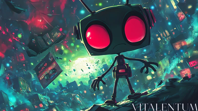 Neon-eyed robot drifter surveys a collapsing cyber-night cityscape.