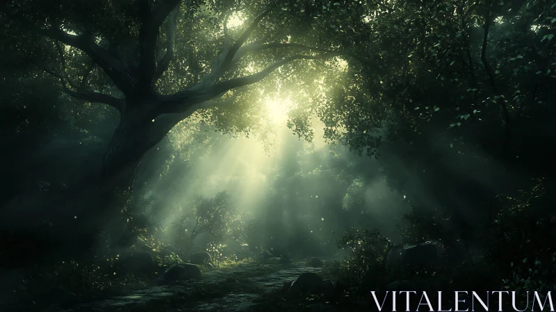 Sunlit forest path inviting quiet steps into the green hush.