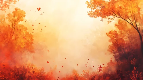 Autumn forest canopy with orange foliage and drifting leaves.