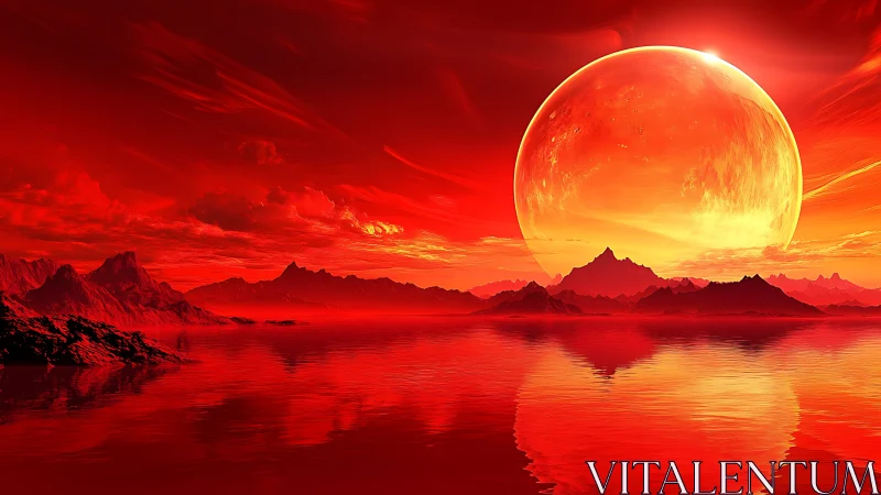 Crimson alien seascape under colossal molten planet