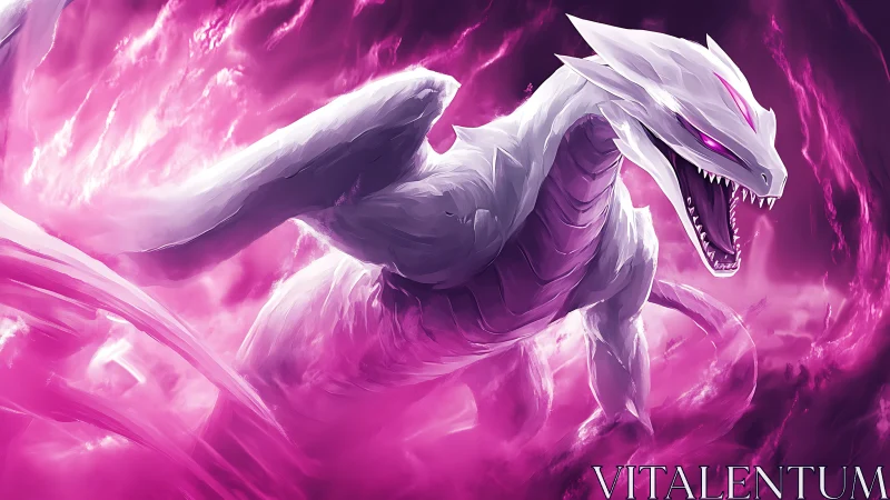 Digital painting of a luminous white dragon in magenta vortex.