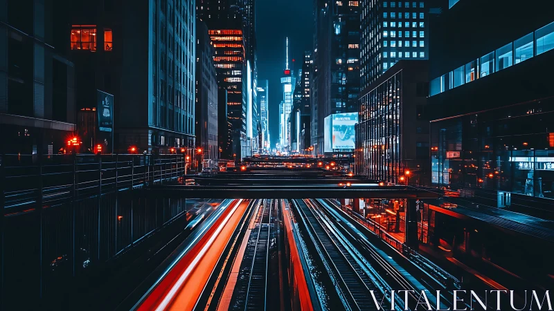 Neon city rail lines streak through dense midnight skyline