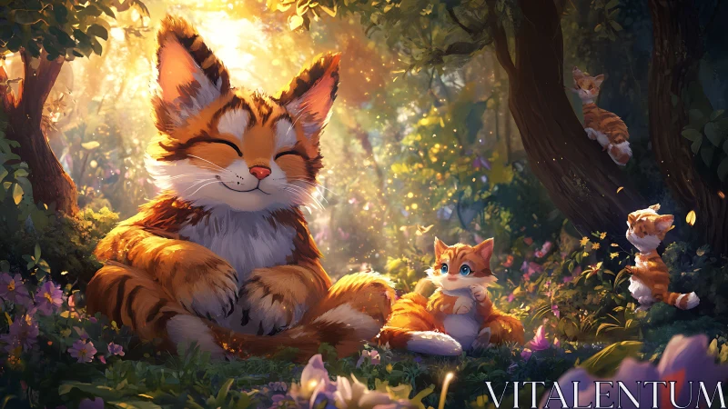 Large cat with kittens in sunlit forest clearing.