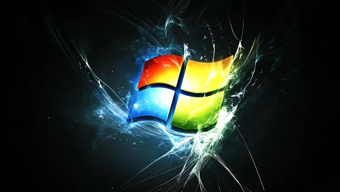 Glowing window emblem with explosive digital energy burst.