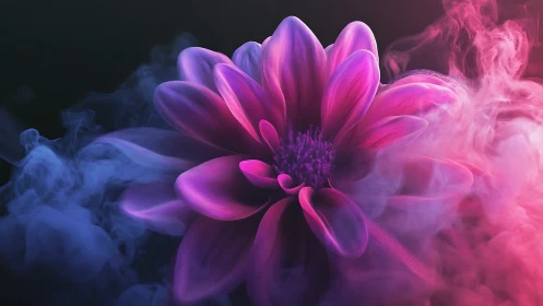 Vibrant magenta flower blooms amid swirling neon mist