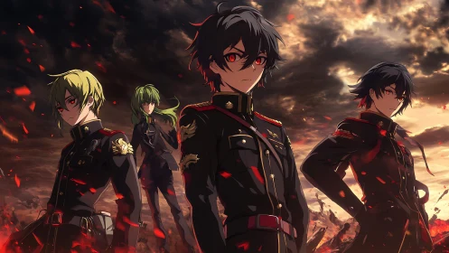 Four uniformed anime soldiers in burning battlefield landscape.