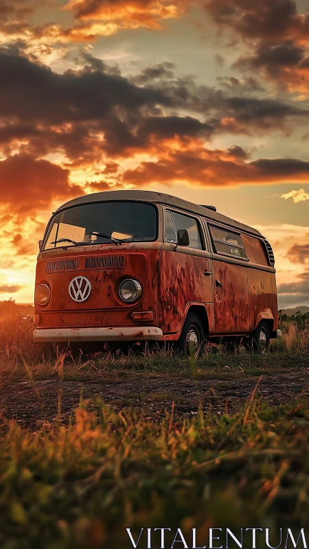 Rusty orange VW van stands in field under vivid sunset sky