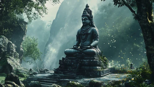 Forest-born stone deity in emerald misted meditation.