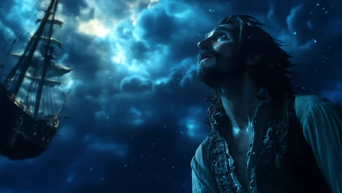 Moonlit sailor studies spectral galleon in cinematic seascape