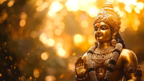 Golden Hindu deity statue with garland and bokeh light.