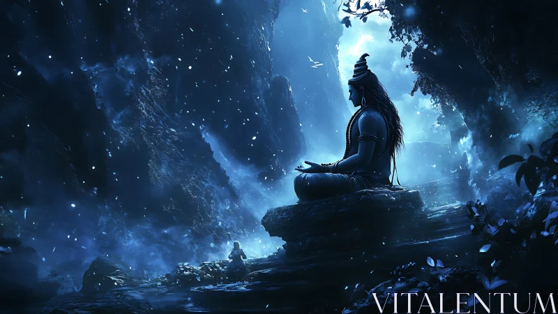 Meditating figure on rocky platform in blue-lit canyon.