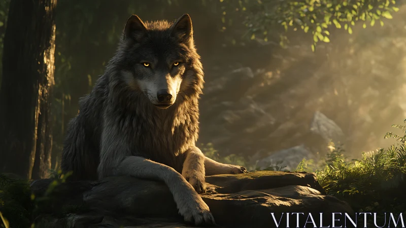 Wolf rests on forest rock in directional evening backlight