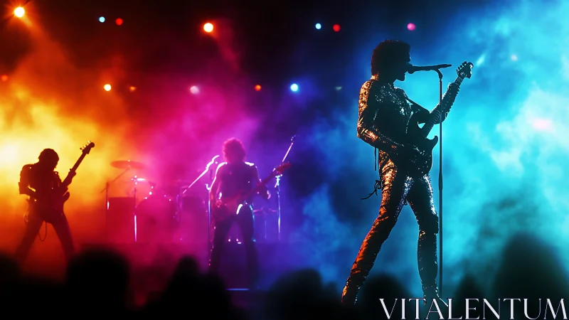Glimmering rock band ignites the stage in colorful lights.