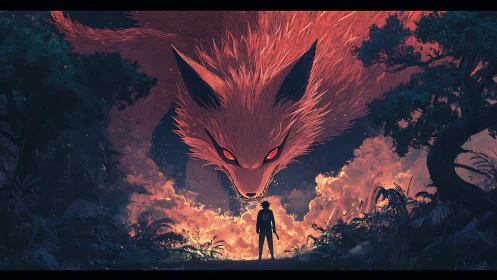 Silhouetted figure confronts massive fox entity in forest fire