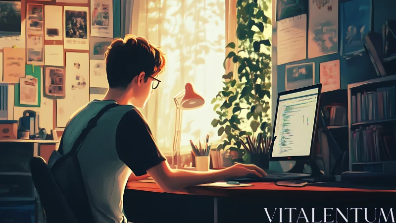 Person works at desktop computer in warm backlit studio