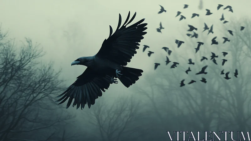 Misty forest raven leading a twilight flock in quiet flight.