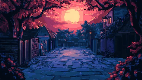 Pixel dusk village street under vivid magenta sunset glow.