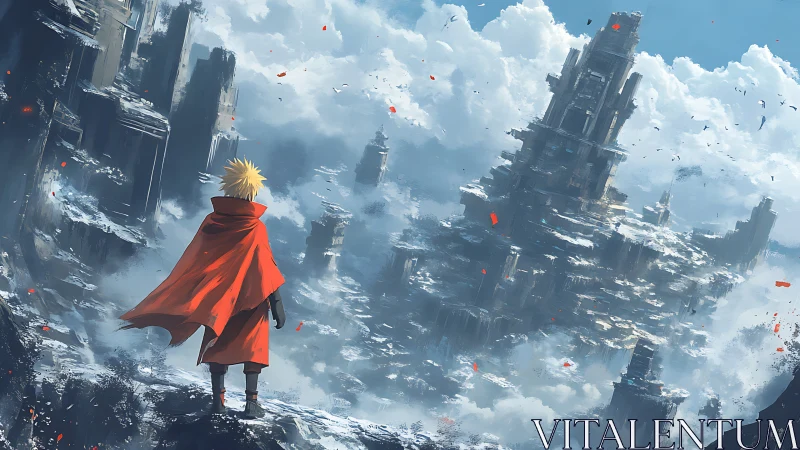 Solitary figure observes vertical city structures in clouds