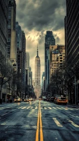 Moody New York avenue leads toward distant Art Deco tower