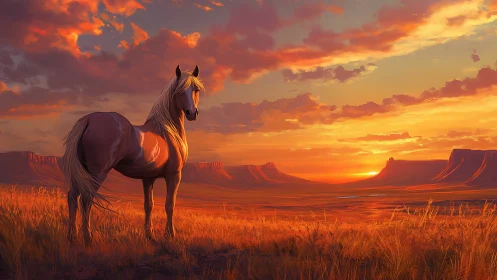 Golden hour mustang dreaming across glowing canyon plains.