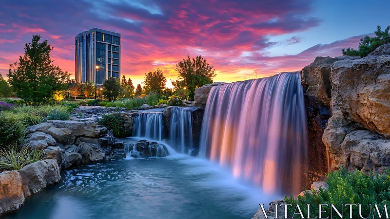 Modern city tower beside landscaped waterfall at sunset.