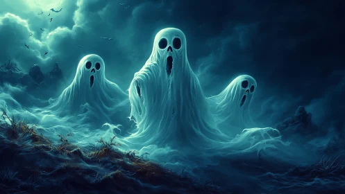 Three spectral ghosts rising in a dark misty night landscape.