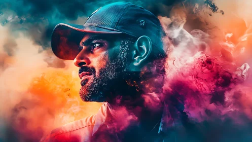 Digital painting portrait with neon vapor cloud diffusion.