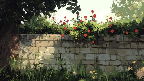 Red roses climb weathered garden wall amid summer foliage.