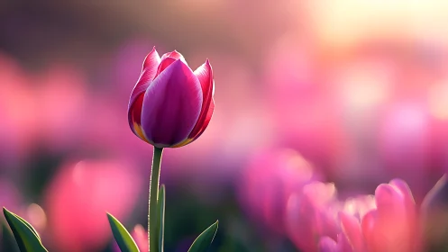 Deep Purple Tulip in Soft Focus Garden Setting.