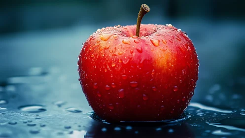 Macro red apple with water droplets in cinematic lighting.