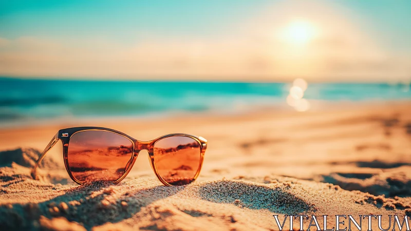 Sunglasses resting on warm sand at a bright beach sunset.